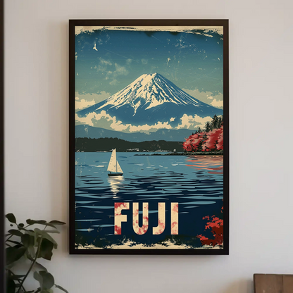 Fuji Mountain Sailing Scene Vintage Travel Poster