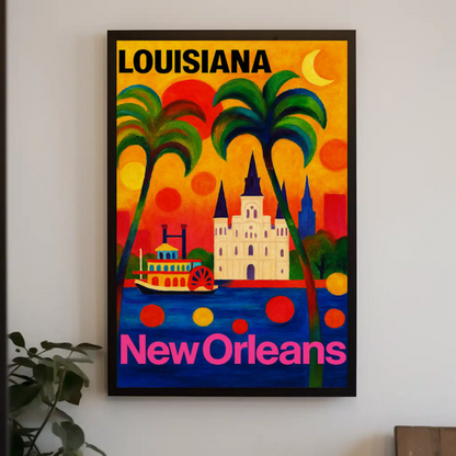 New Orleans Louisiana Steamboat Cathedral Cityscape Travel Poster