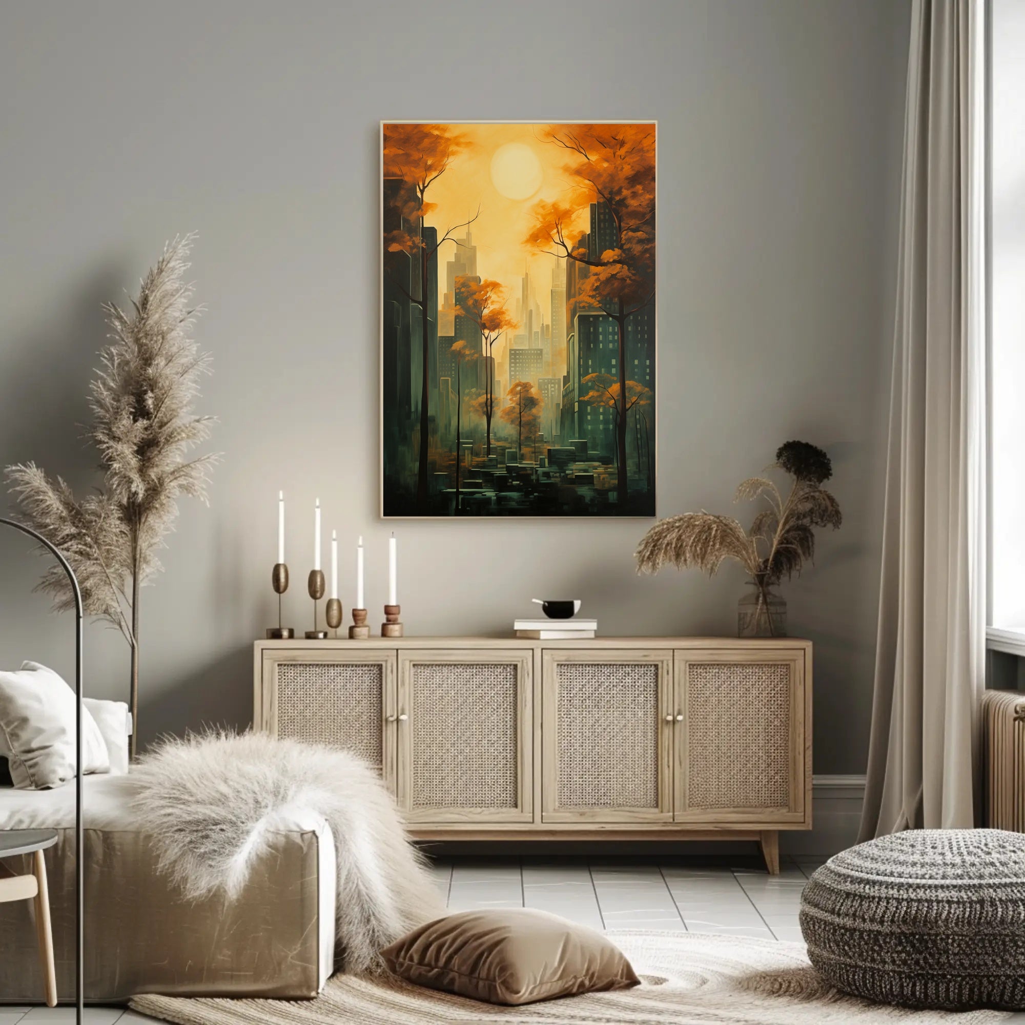 Urban Autumn Cityscape with Skyscrapers and Nature Poster