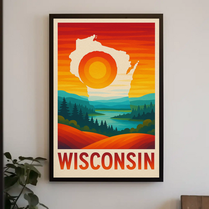 Wisconsin Sunset Nature River Forest Outline Scenic Travel Poster