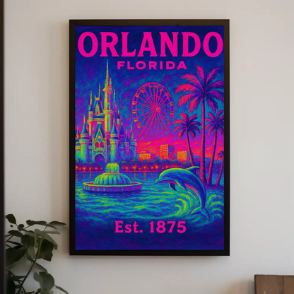 Orlando Florida Castle Ferris Dolphin Neon Travel Poster