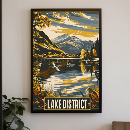 Lake District Golden Mountains Waterfowl Scene Travel Poster