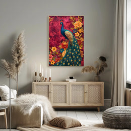 Majestic Peacock Amidst Lush Blooms: Artistic Animal Poster
