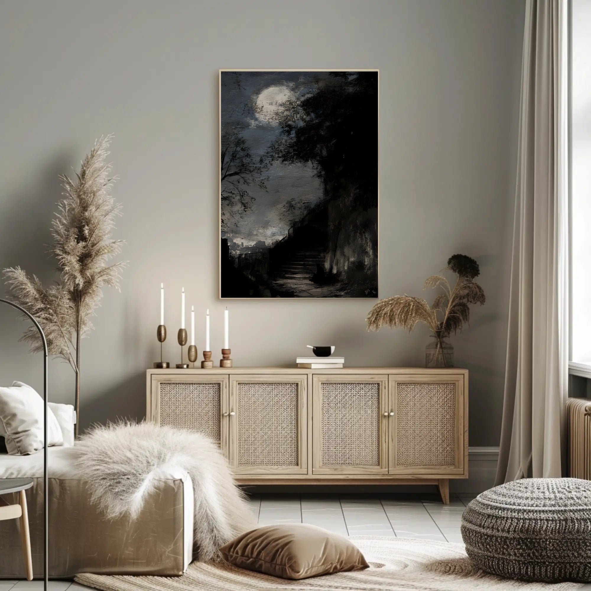 Full Moon on Haunted Staircase: Artistic Poster PosterGoat