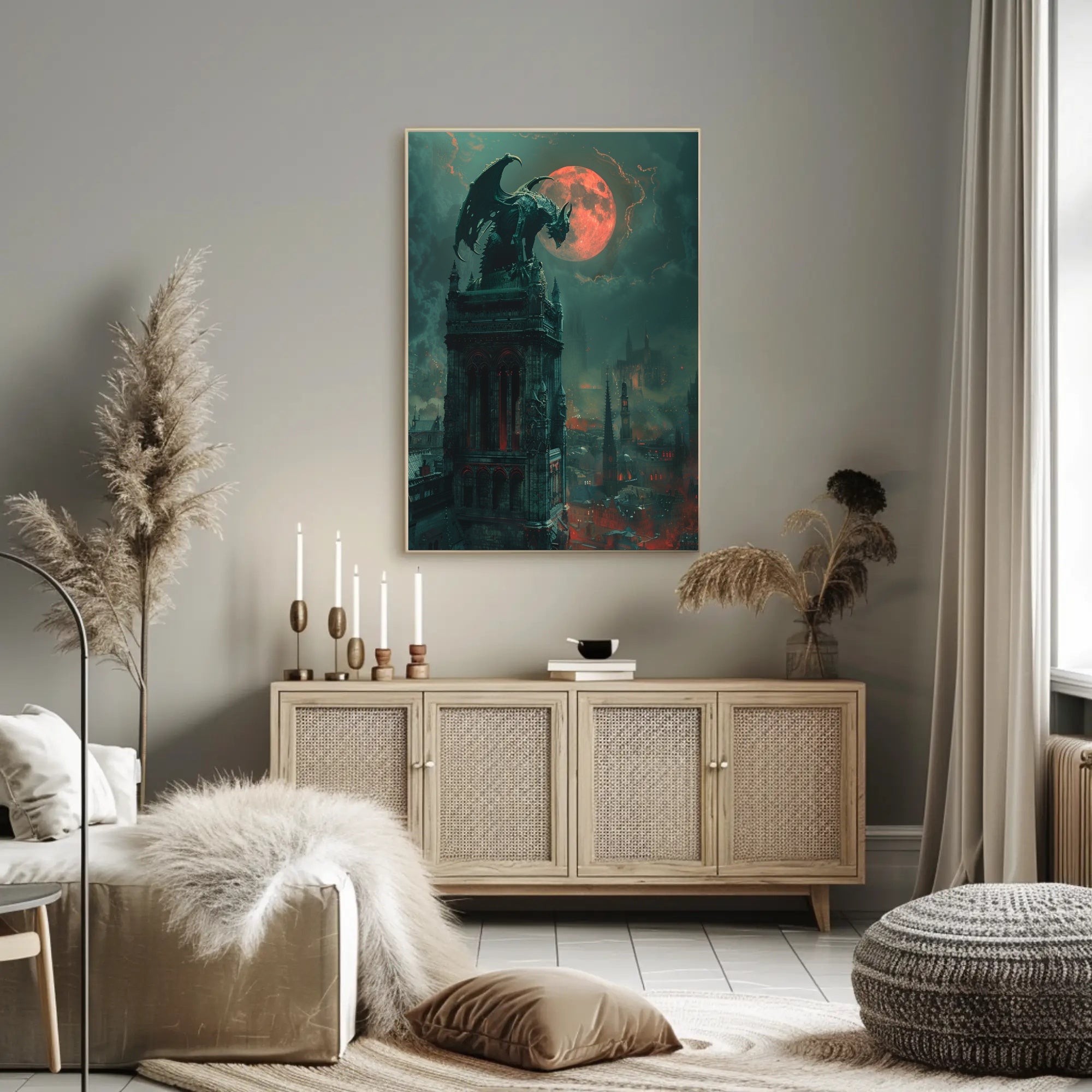 Gothic Fantasy Poster with Ominous Gargoyle and Red Moon PosterGoat