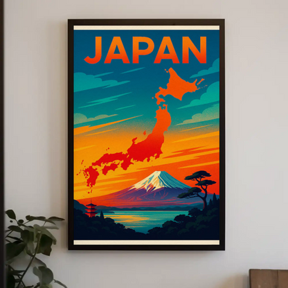 Japan Mount Fuji Map Sunset Travel Poster Poster