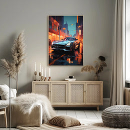 Sleek Urban Sports Car on Vibrant City Street Poster