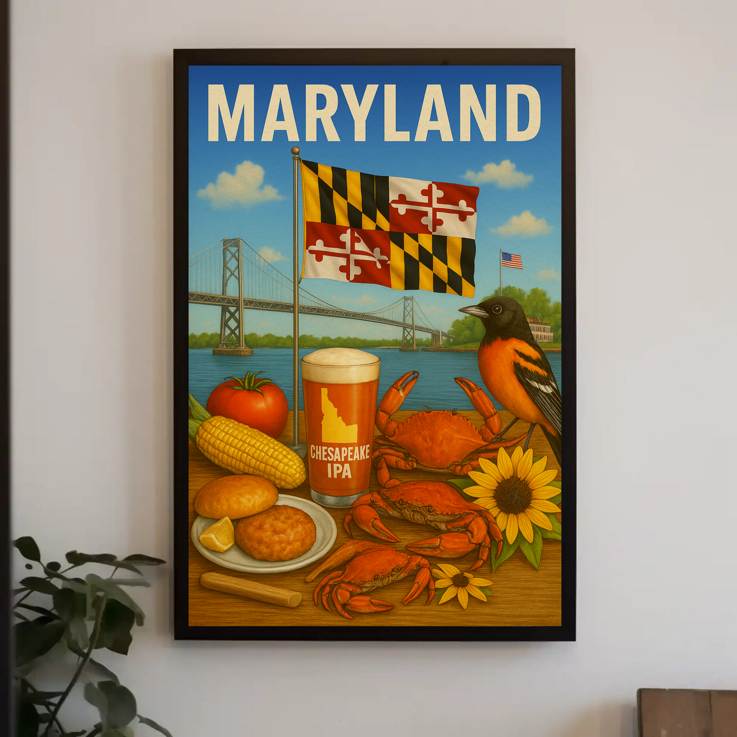 Maryland Crab Bridge Beer Corn Bird Flag Travel Poster