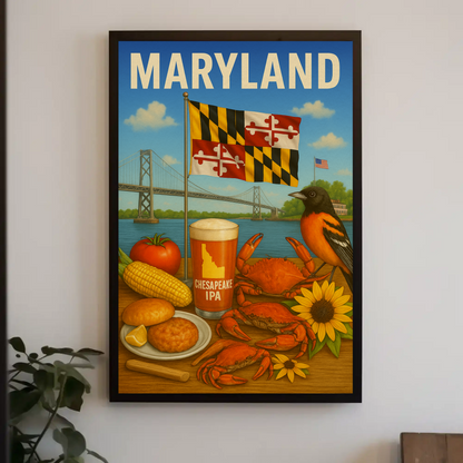 Maryland Crab Bridge Beer Corn Bird Flag Travel Poster
