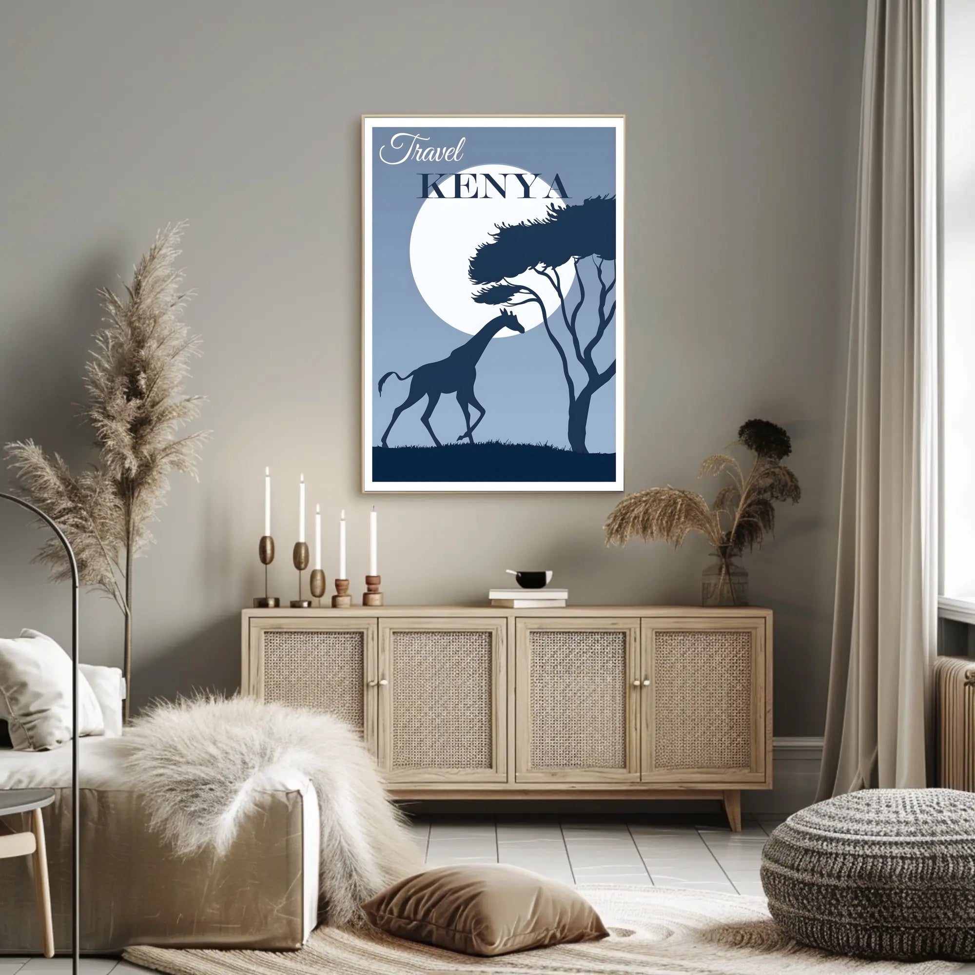 Kenya Sunset Silhouette: Giraffe at Moonrise Travel Poster
