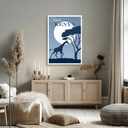 Kenya Sunset Silhouette: Giraffe at Moonrise Travel Poster