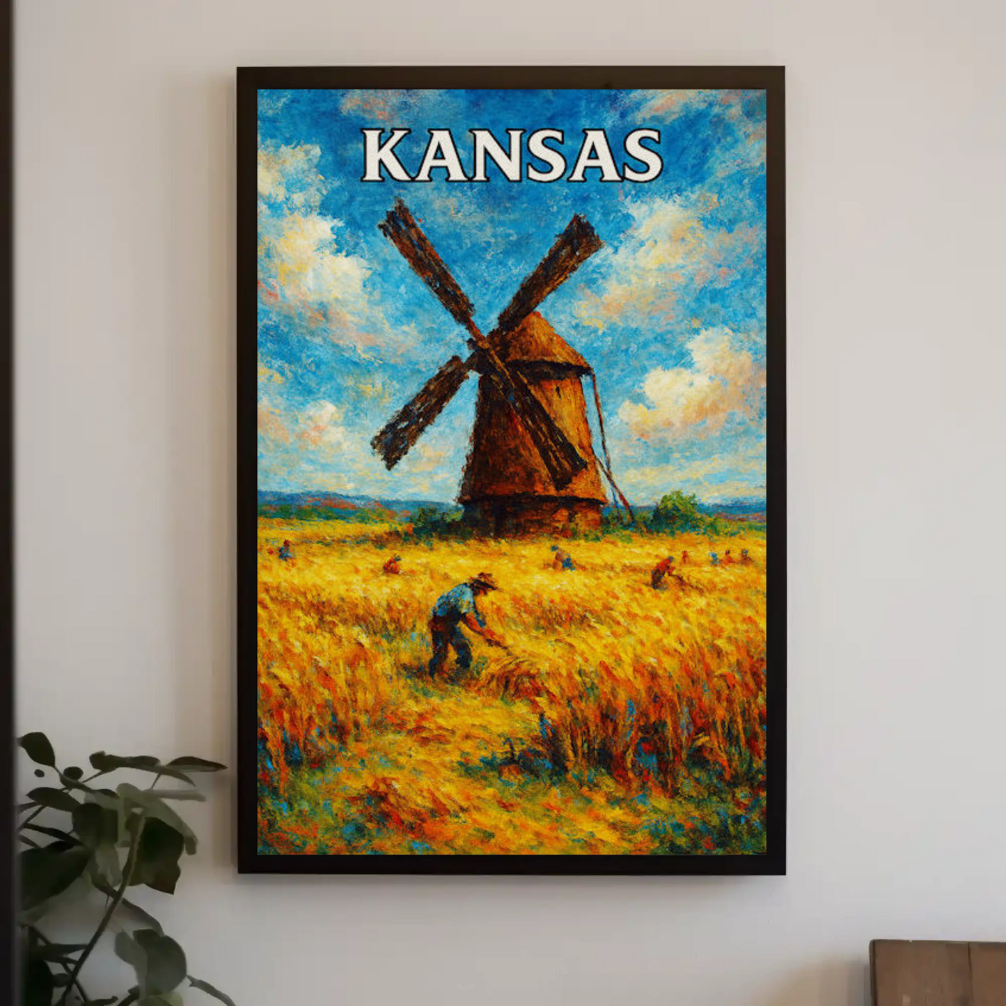 Kansas Windmill Wheat Field Harvest Painting Poster Poster