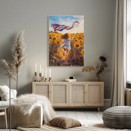 Child Running Through Sunflower Field At Golden Hour Poster