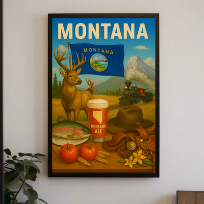 Montana Ale Elk Train Tomato Trout Hat Travel Poster