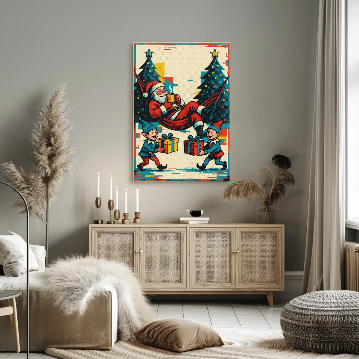 Festive Santa and Elves Vintage Christmas Poster