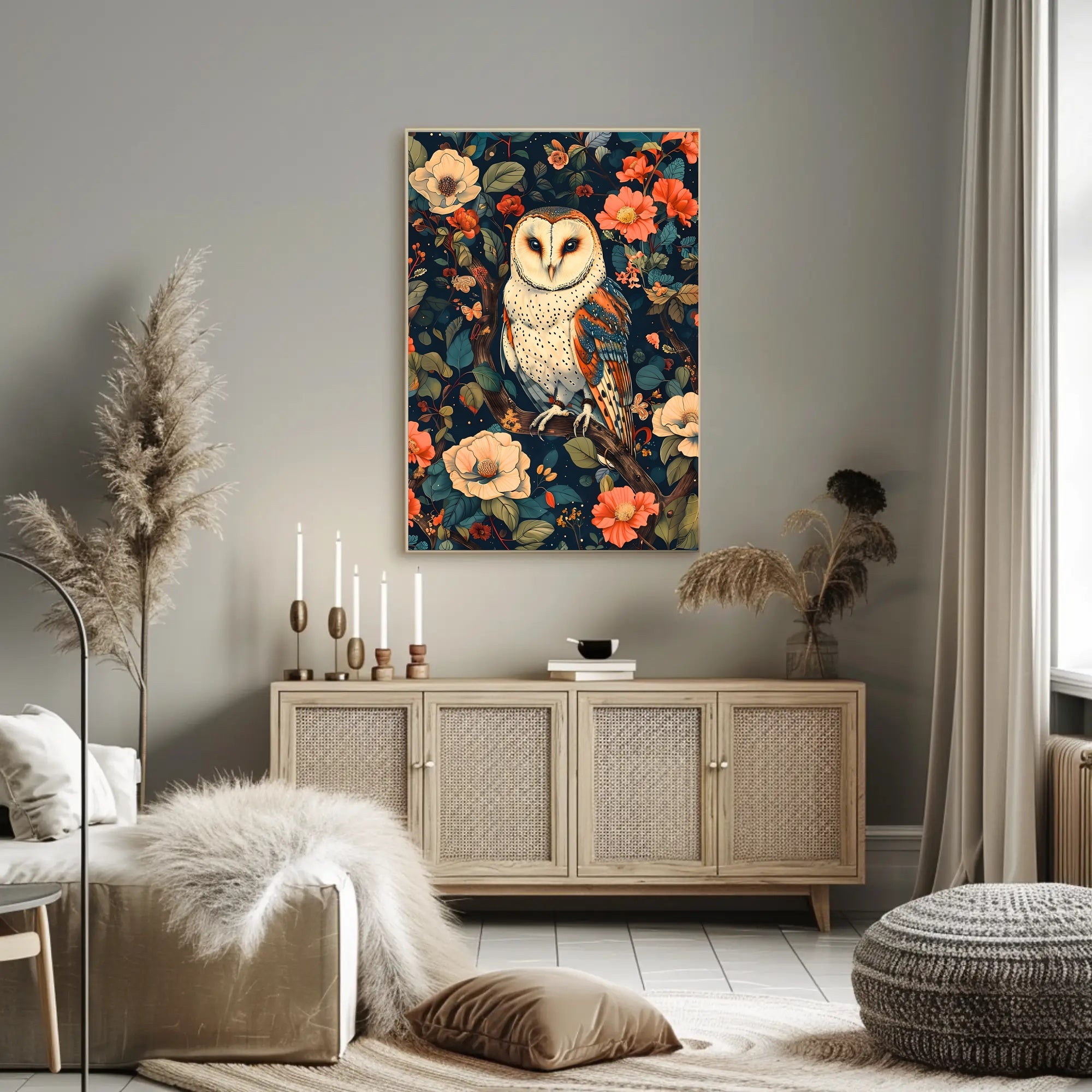 Barn Owl Amid Enchanted Flora: Artistic Animal Poster