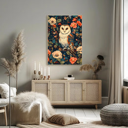 Barn Owl Amid Enchanted Flora: Artistic Animal Poster