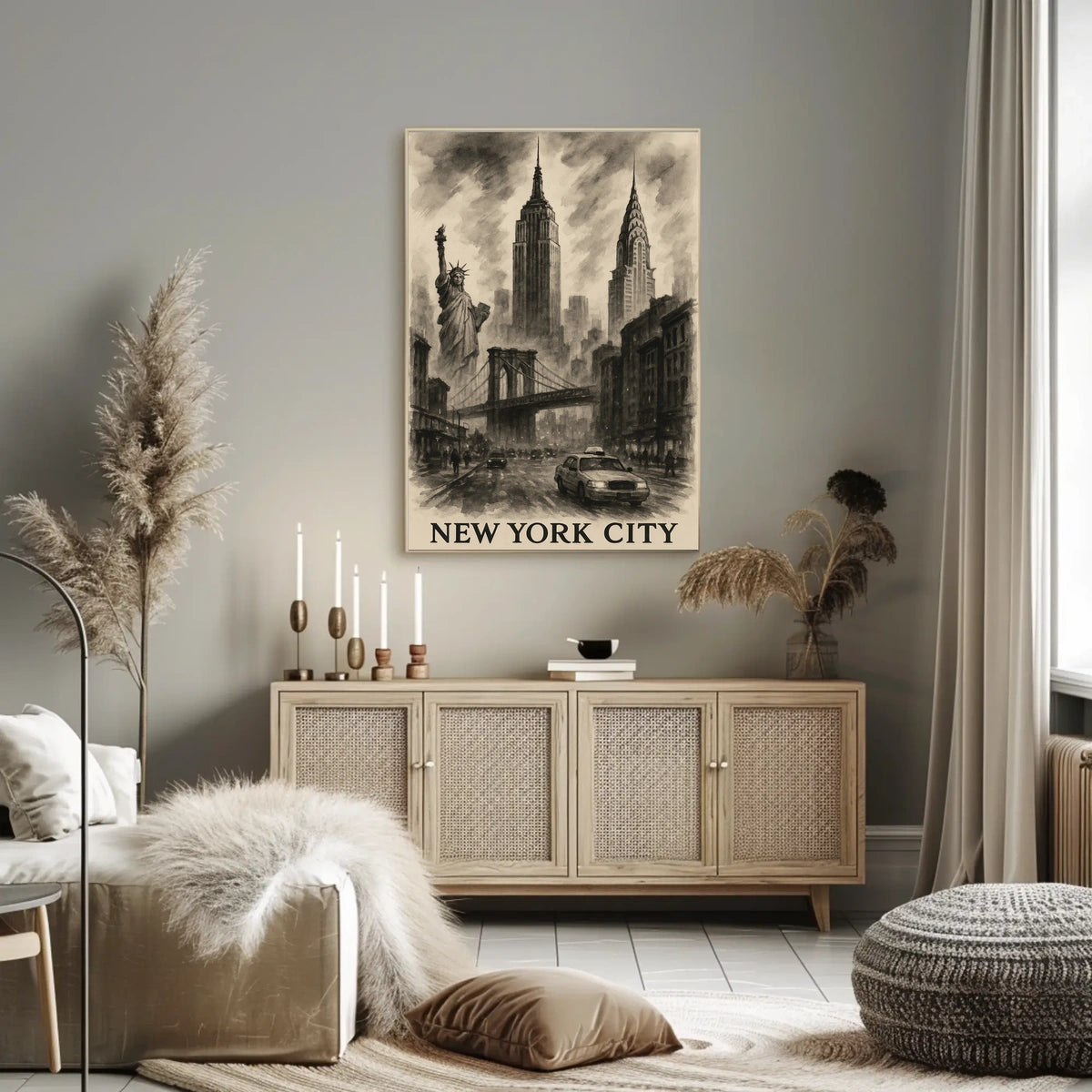 New York City Landmarks Cityscape Poster Vintage Wall Art
