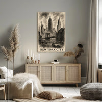 New York City Landmarks Cityscape Poster Vintage Wall Art