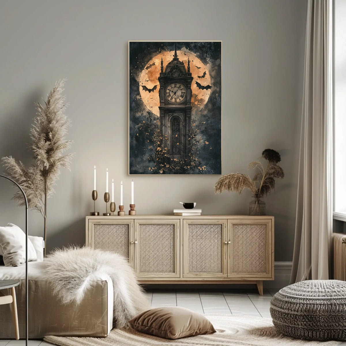 The poster features a tall, Gothic-style clock tower standing prominently at the center. Travel Poster