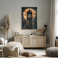 The poster features a tall, Gothic-style clock tower standing prominently at the center. Travel Poster