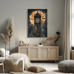 The poster features a tall, Gothic-style clock tower standing prominently at the center. Travel Poster