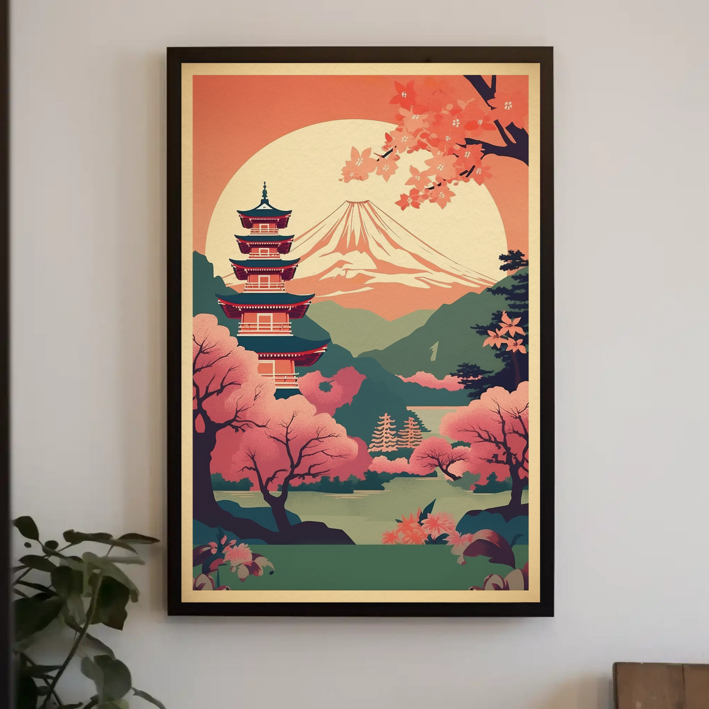 Japan Fuji Pagoda Sakura Moon Spring Sunset Travel Poster