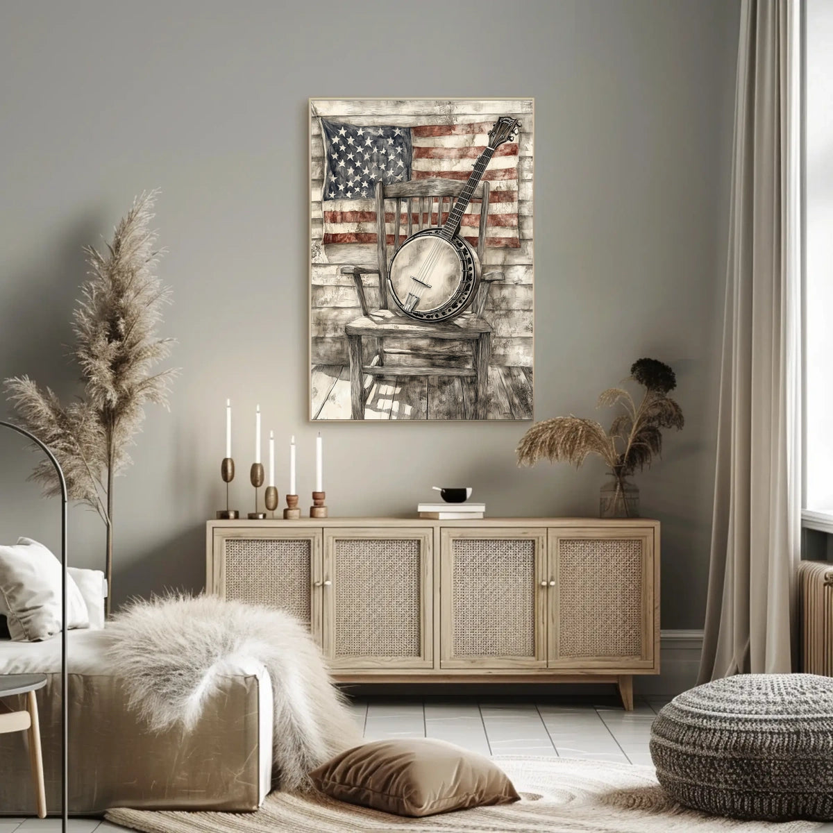 Vintage Banjo On Rustic Chair With American Flag Poster