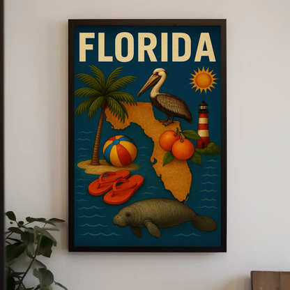 Florida State Symbols Pelican Map Lighthouse Travel Poster