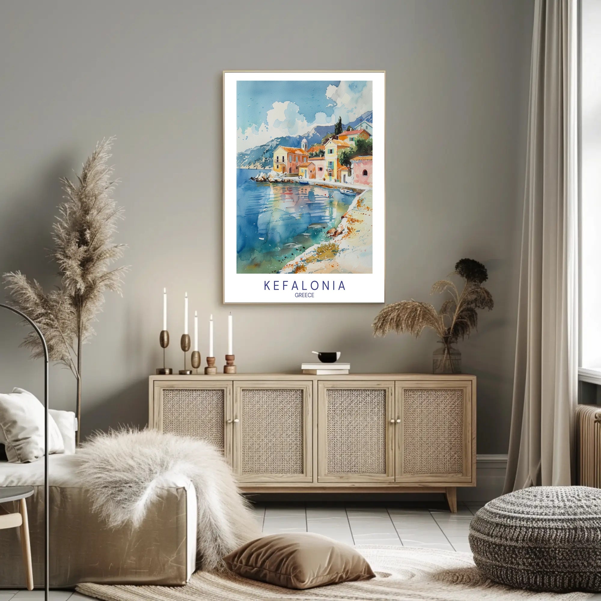Kefalonia Coastal Serenity Watercolor Travel Poster PosterGoat