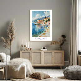 Kefalonia Coastal Serenity Watercolor Travel Poster PosterGoat