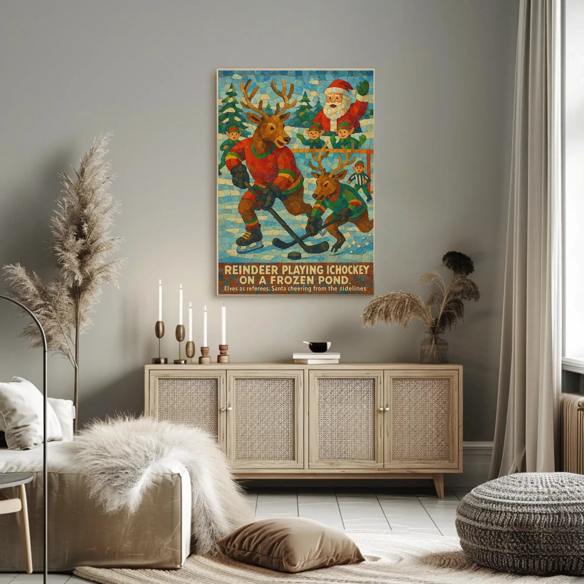 Whimsical Reindeer Ice Hockey Christmas Art Poster