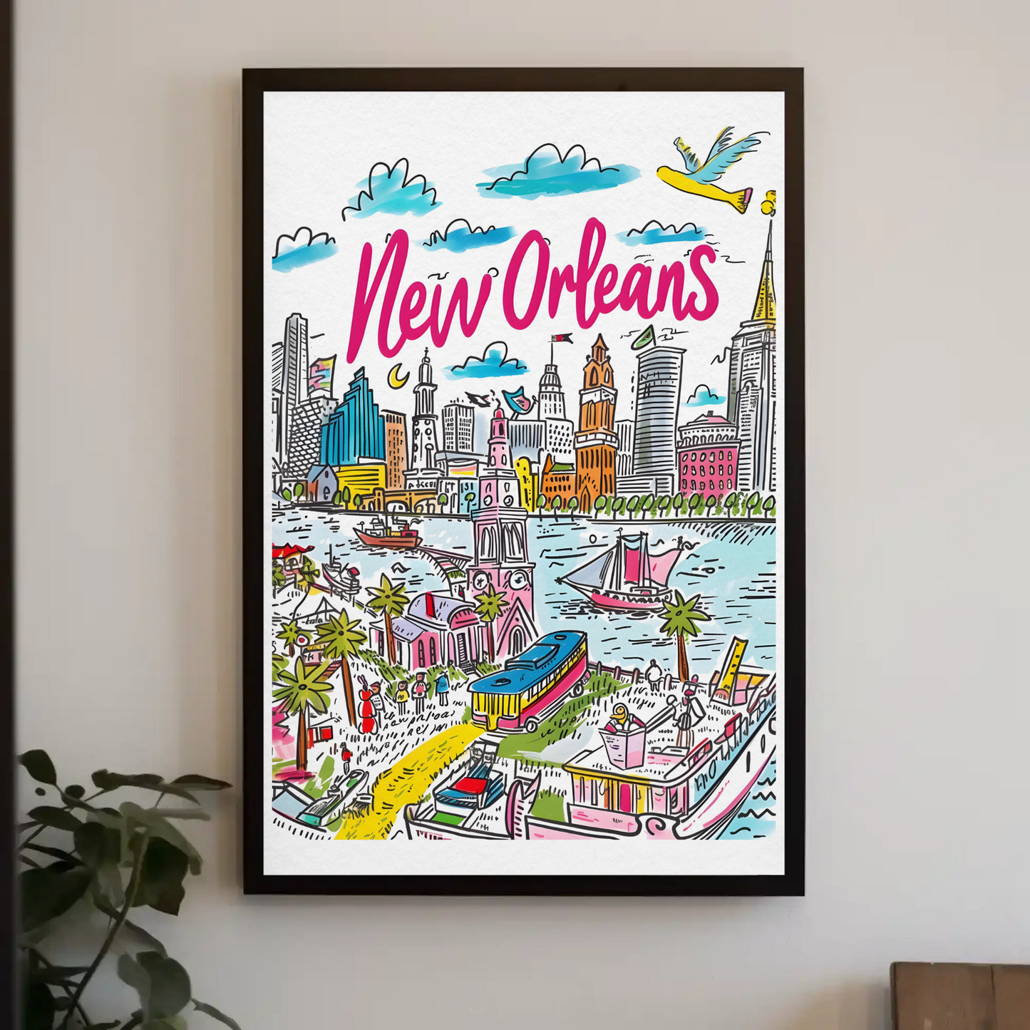 New Orleans Louisiana Colorful Riverside Cityscape Travel Poster