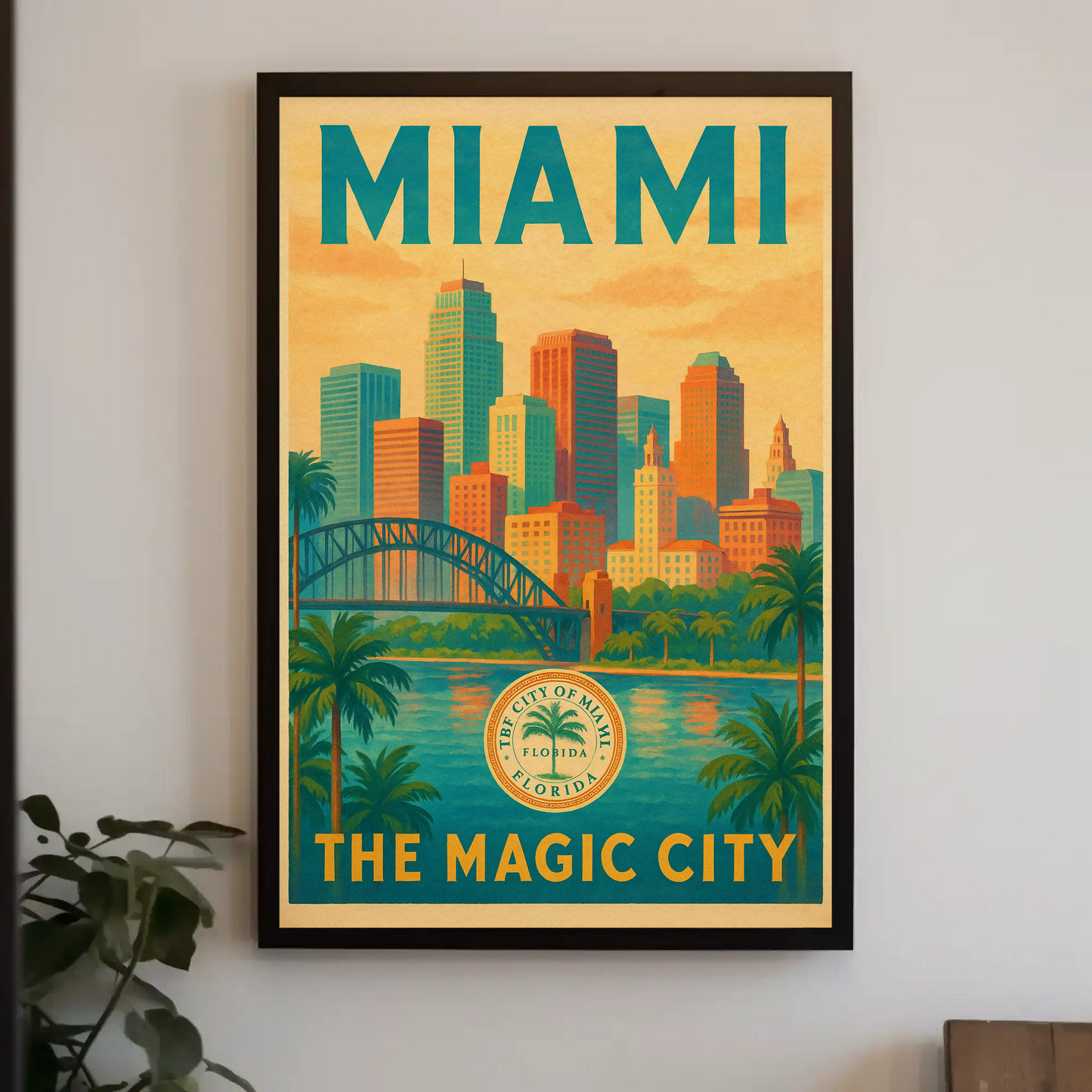 Miami Magic City Vintage Skyline Travel Poster