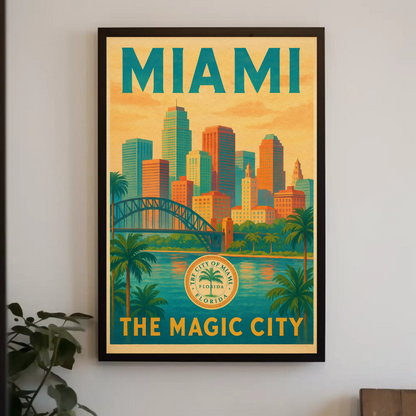 Miami Magic City Vintage Skyline Travel Poster