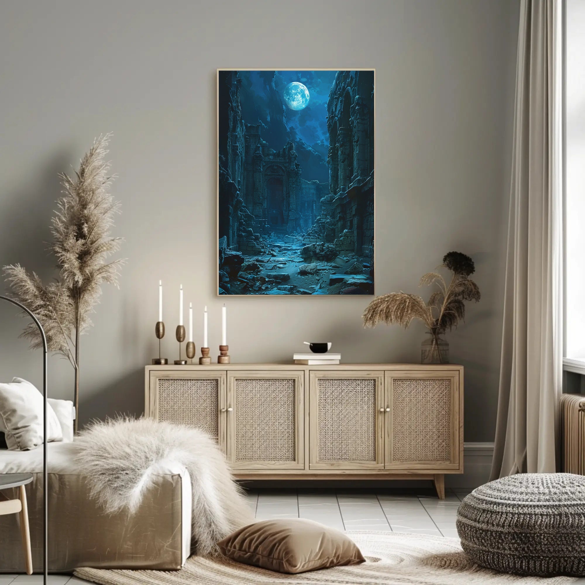 Moonlit Ruins: Enchanted Scene of Ancient Civilization Fantasy Poster PosterGoat