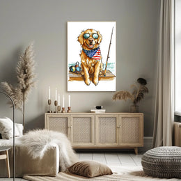 Golden Retriever Fishing Scene Artwork Home Decor Poster