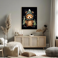 Whimsical Bear in Mountain Hood Cartoon Poster