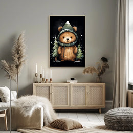 Whimsical Bear in Mountain Hood Cartoon Poster