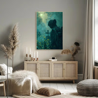 Serene Angel Statue in Misty Graveyard: Artistic Poster PosterGoat