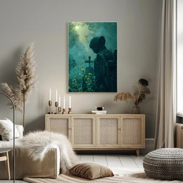 Serene Angel Statue in Misty Graveyard: Artistic Poster PosterGoat
