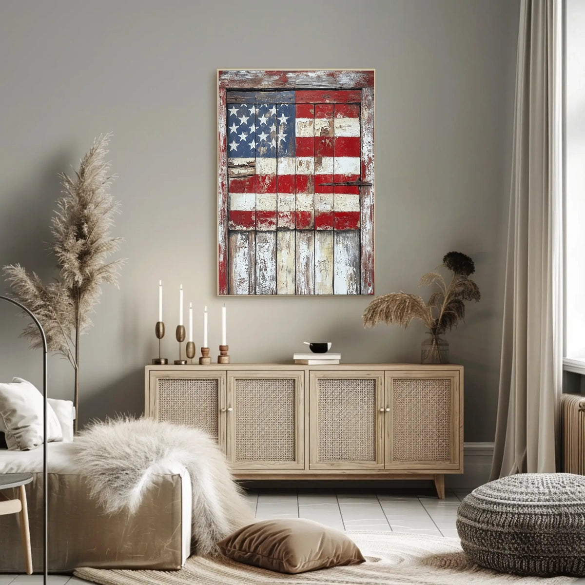 wooden barn door with faded American flag Poster