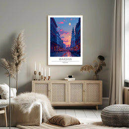 Warsaw Sunset Urban Scene Vibrant Cityscape Travel Poster