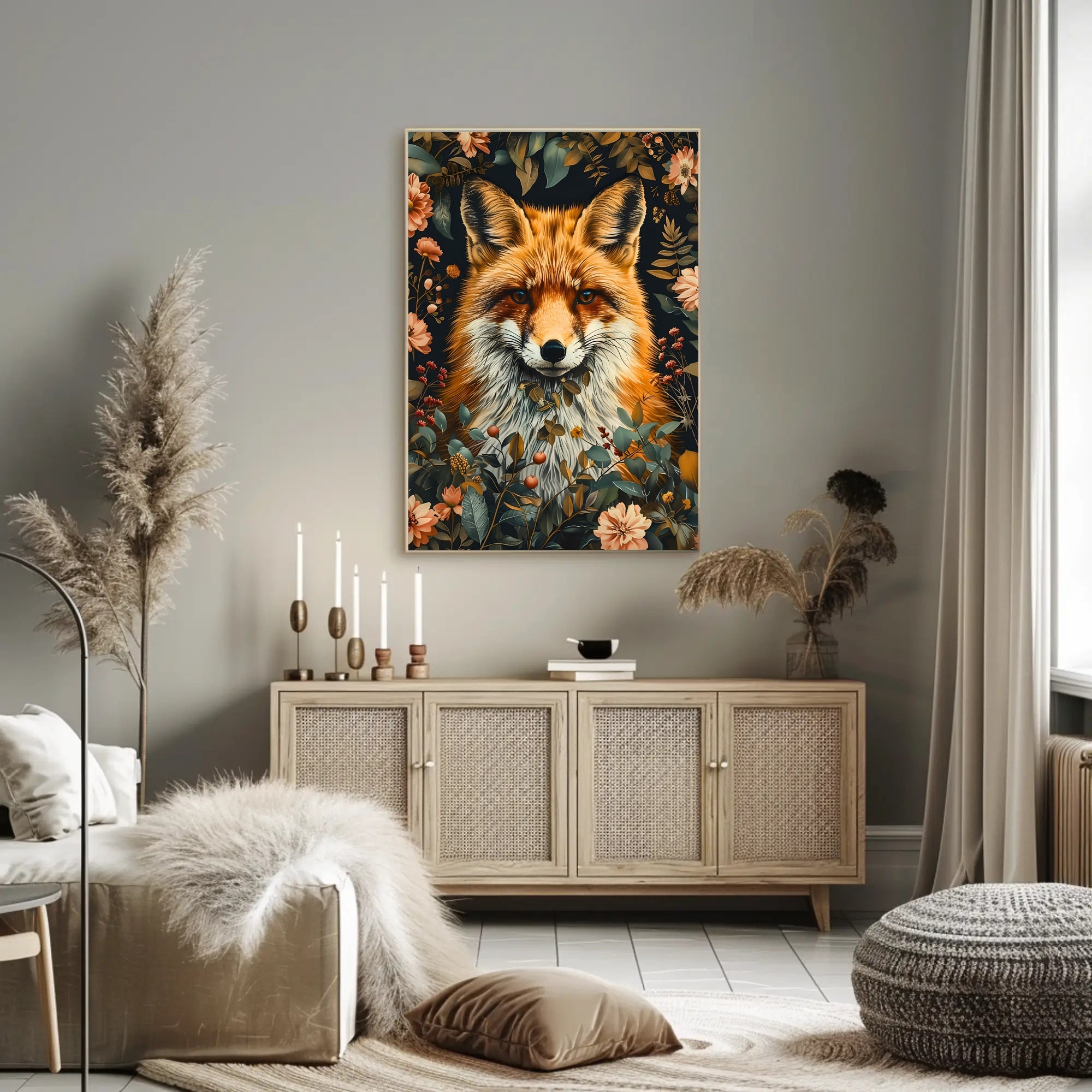 Fox Among Blossoms: Detailed Wildlife Art Animal Poster