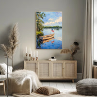 Tranquil Boat On A Calm Lake With American Flag Poster