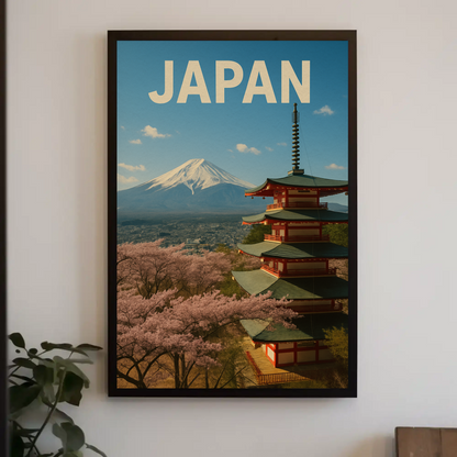 Japan Mount Fuji Pagoda Sakura Vintage Travel Poster