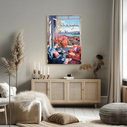 Inviting Urban View: Cozy Interior Cityscape Poster