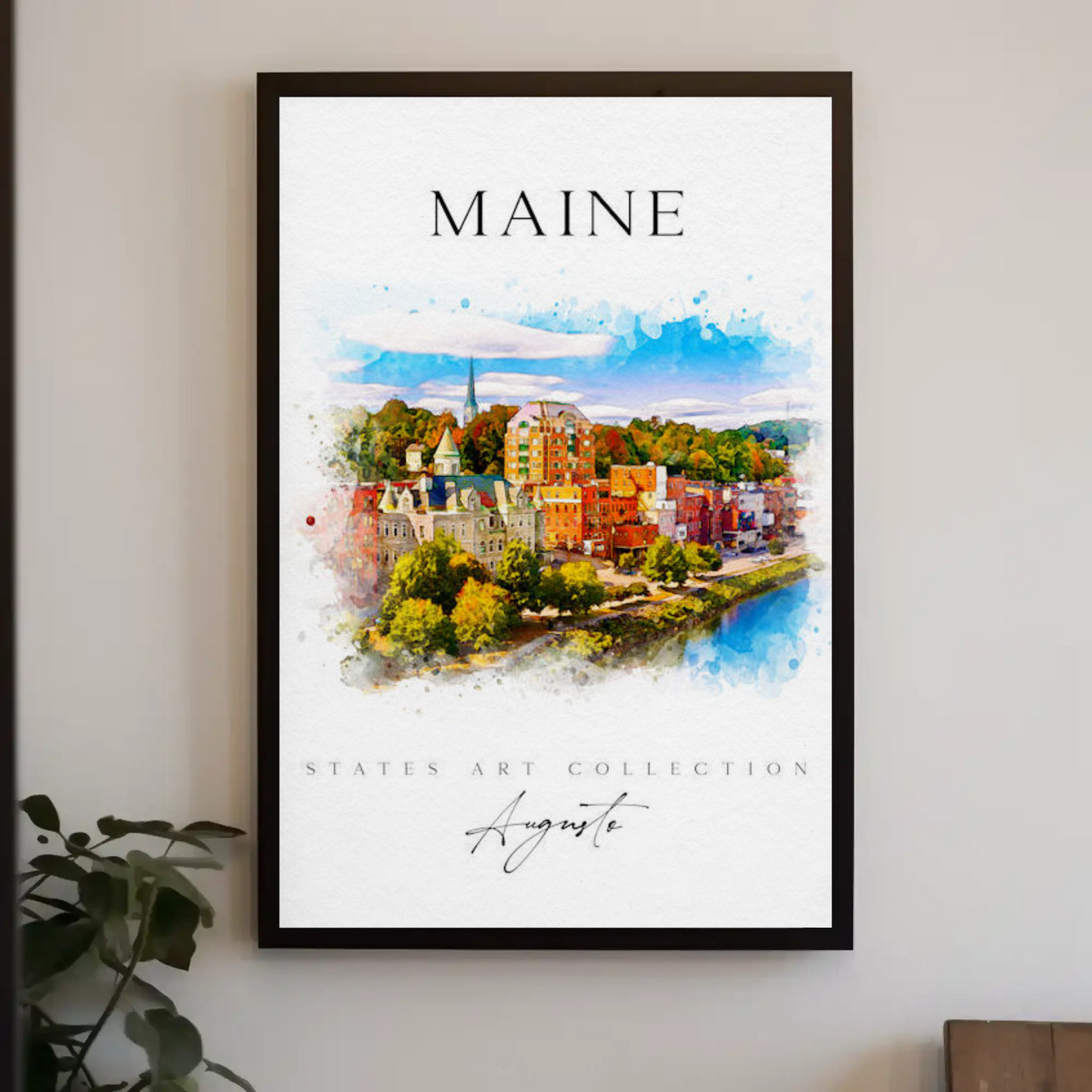 Maine Augusta Skyline Watercolor States Collection Poster