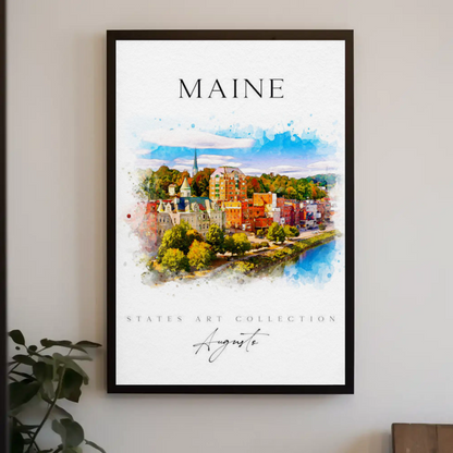 Maine Augusta Skyline Watercolor States Collection Poster