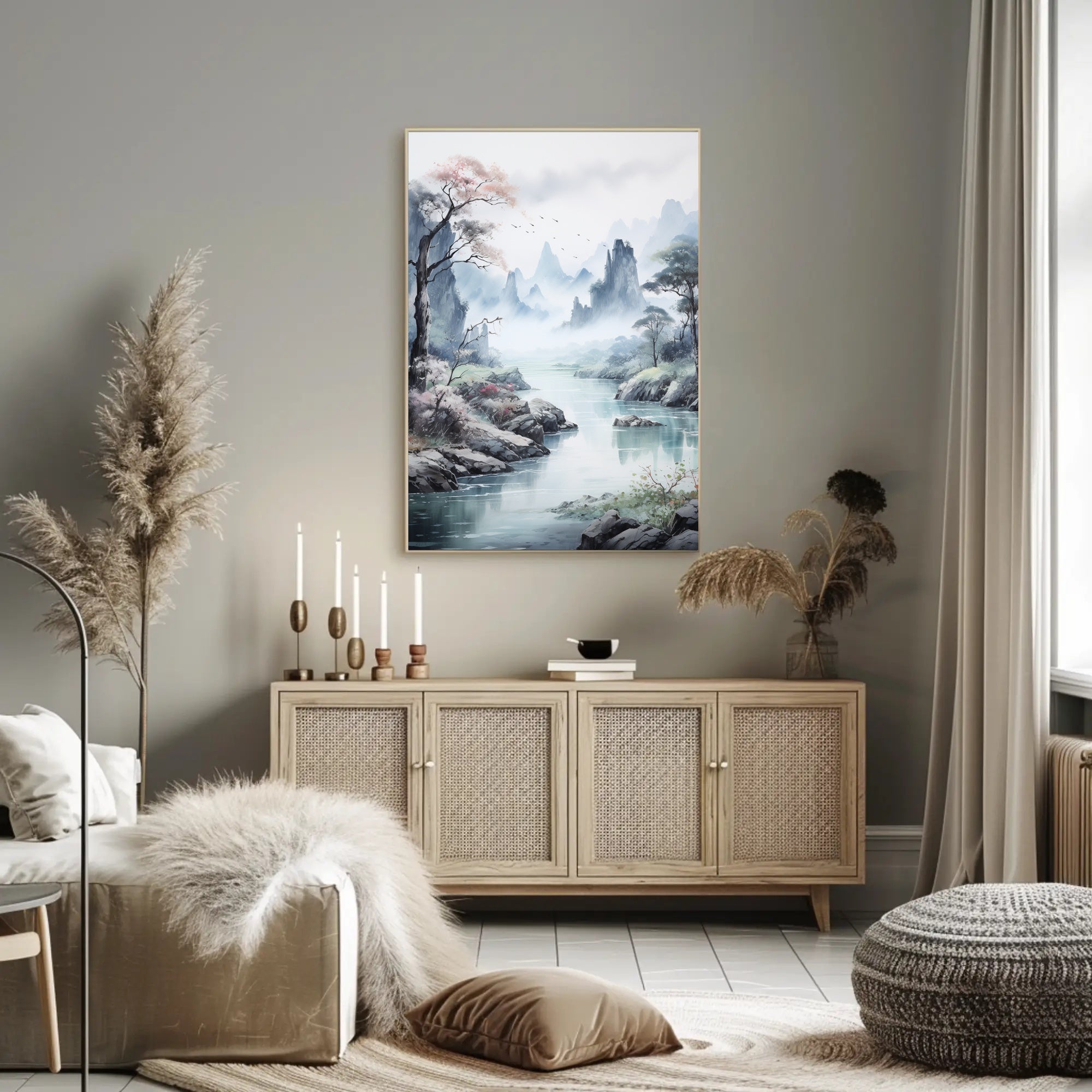 Serene Mountain Vista: Traditional East Asian Artistic Poster